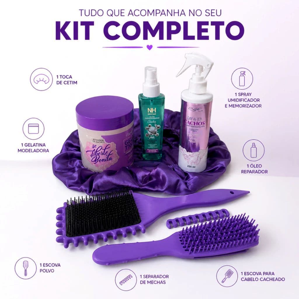 Kit Completo Cabelos Cacheados com Gelatina Óleo Reparador Escova e Touca de Cetim Definição Cachos