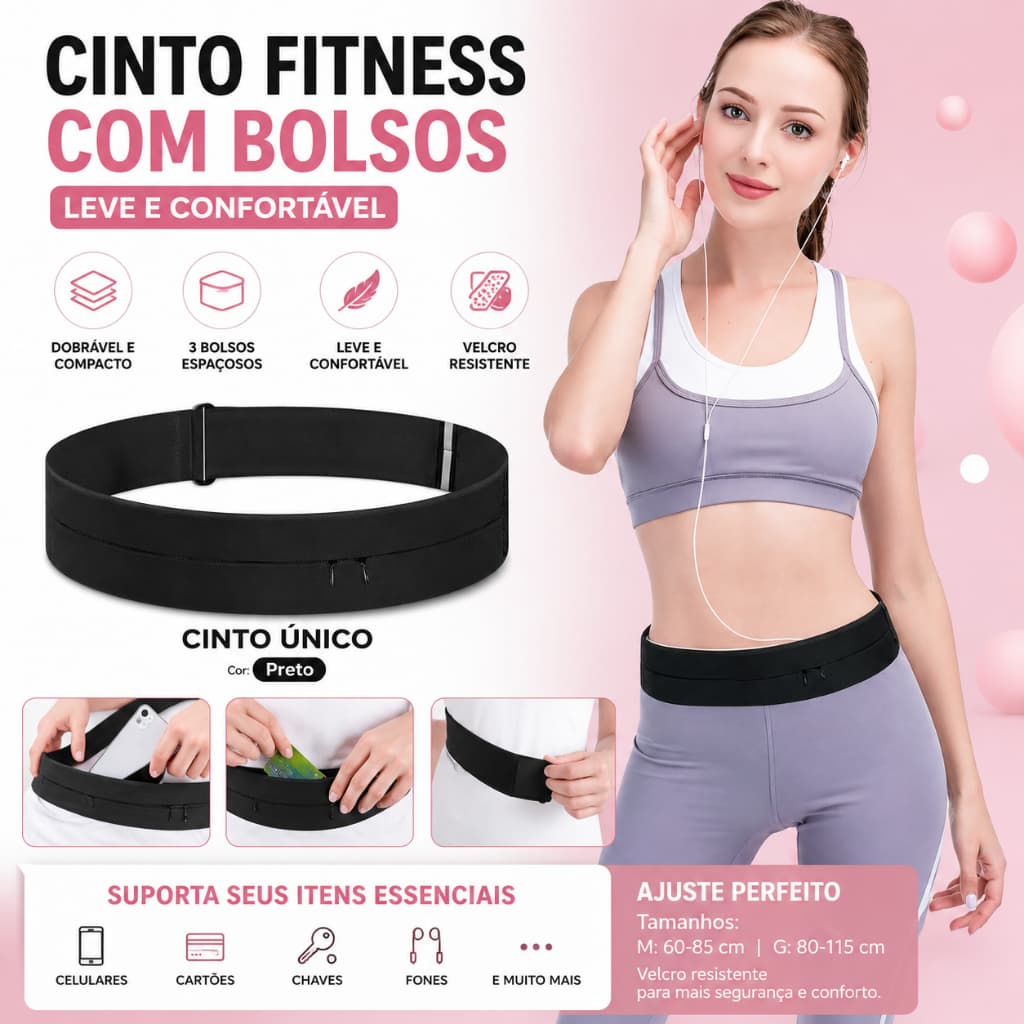 Pochete Esportiva Cinto Fitness Esportivo com Bolsos Invisíveis Ajustável Porta Celular Corrida Academia Unissex