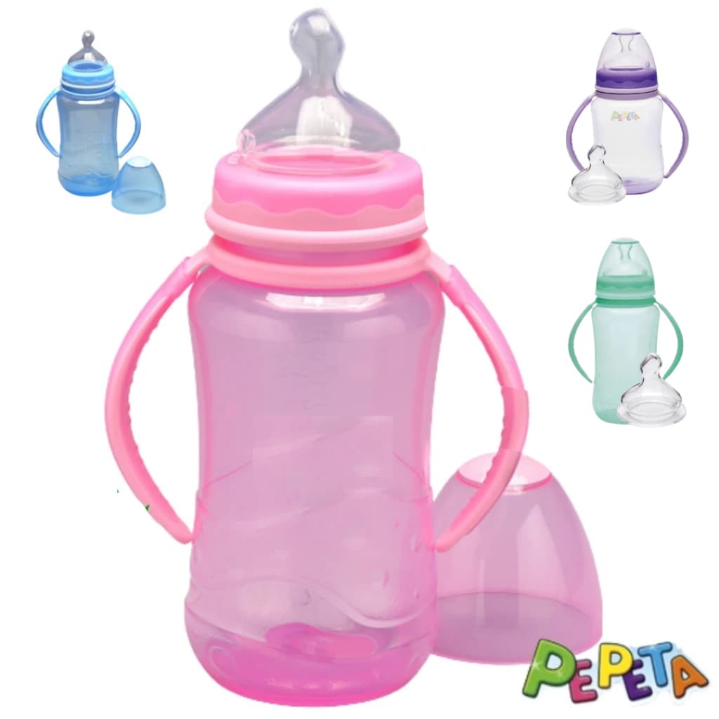 mamadeira 330ml bico redondo de silicone transição infantil com alça menino.