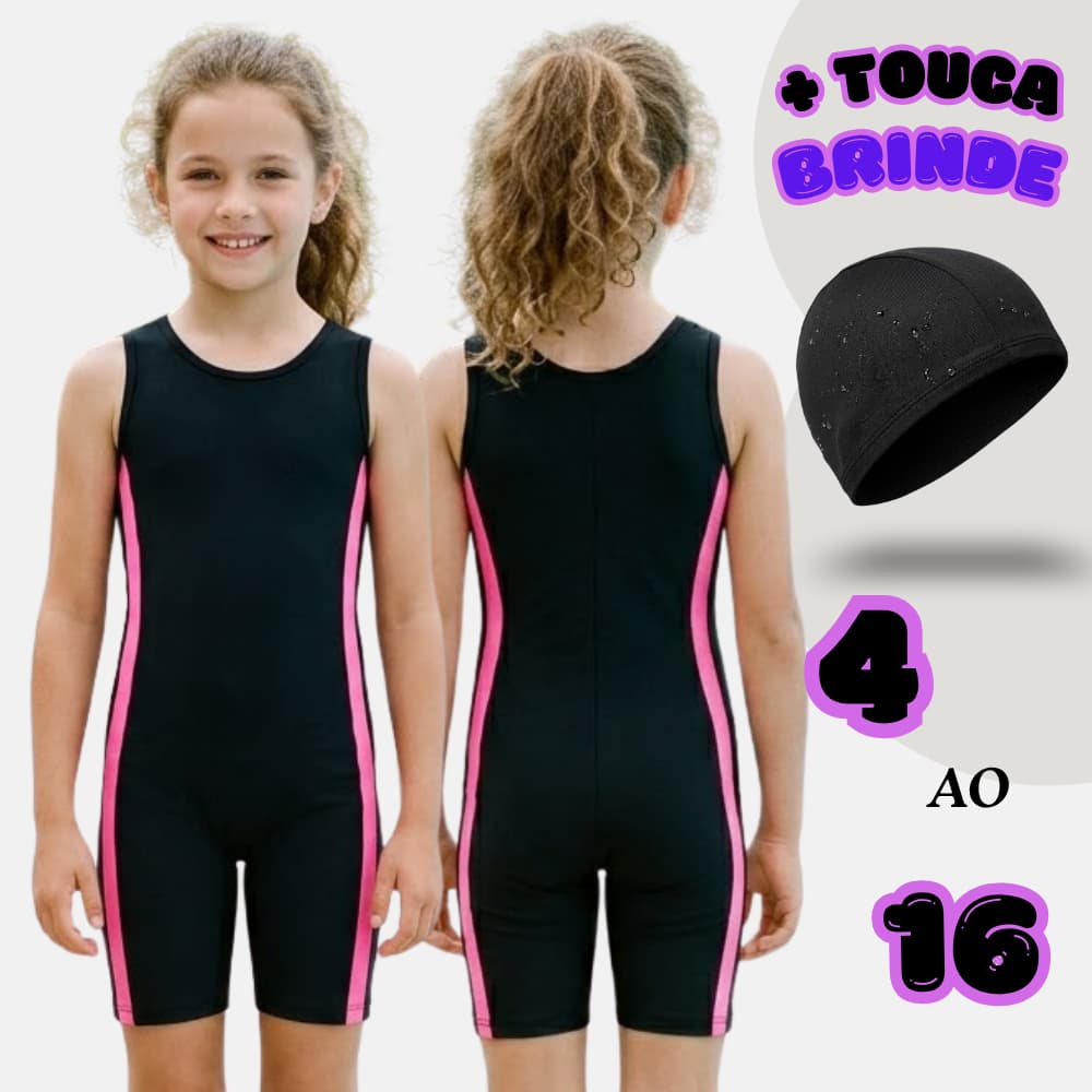 Maiô Infantil Feminino Macaquinho Juvenil Para Natação e Hidroginástica em Suplex + Touca Proteção UV50+ do 4 ao 16