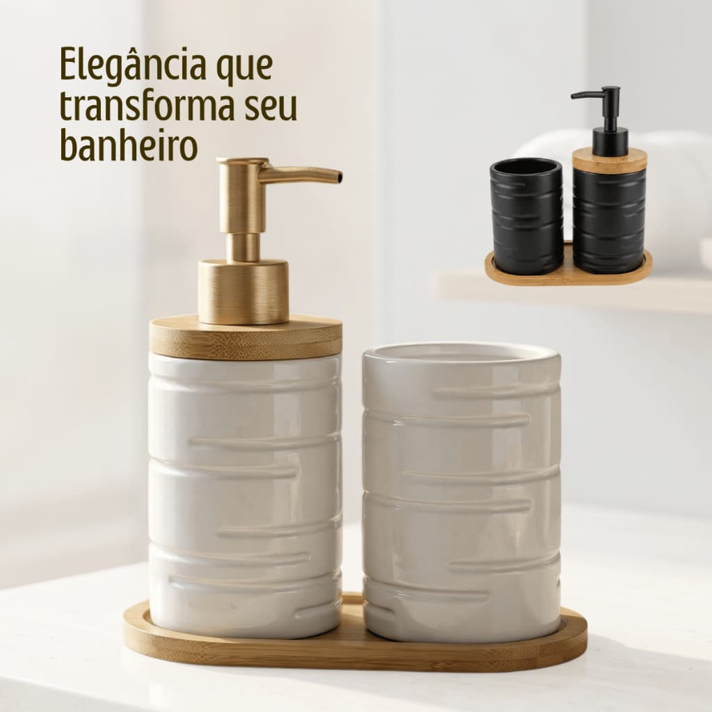 Kit Banheiro 3 Peças Cerâmica Premium com Base Bambu Porta Sabonete Líquido e Escova Lavabo