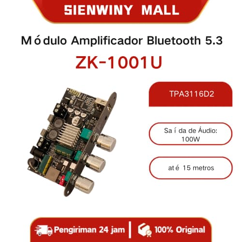 ZK-1001U Módulo Amplificador Bluetooth 5.3 Mono 100W com Graves e Agudos Entrada AUX + USB + TWS