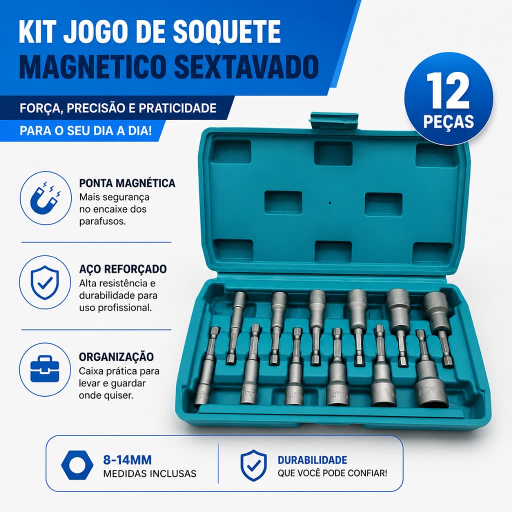 Kit 12pçs Ponta Bits Soquete Cachimbo Magnetico 8-14mm Aço P/ Parafusadeira Ferramenta Profissional