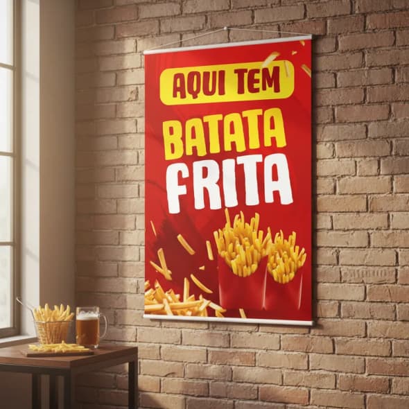 Banner Faixa Lona Premium Aqui Tem Batata Frita Lanchonete Comunicação Visual 60x40