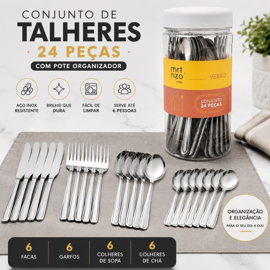 Conjunto de Talheres 24 Peças Inox Com Pote Organizador Faqueiro Completo