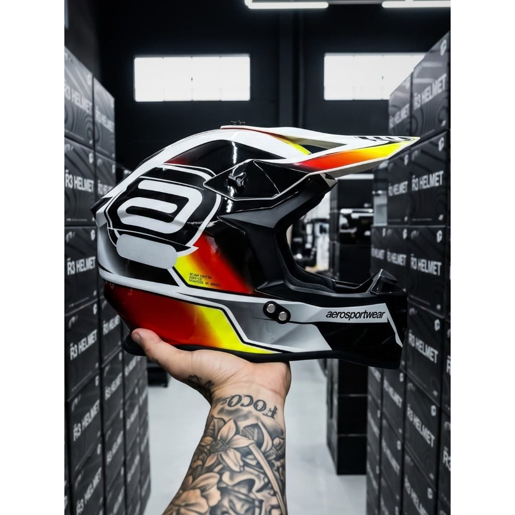 Capacete Asw Motocross R3 Pure Branco Preto Vermelho Amarelo