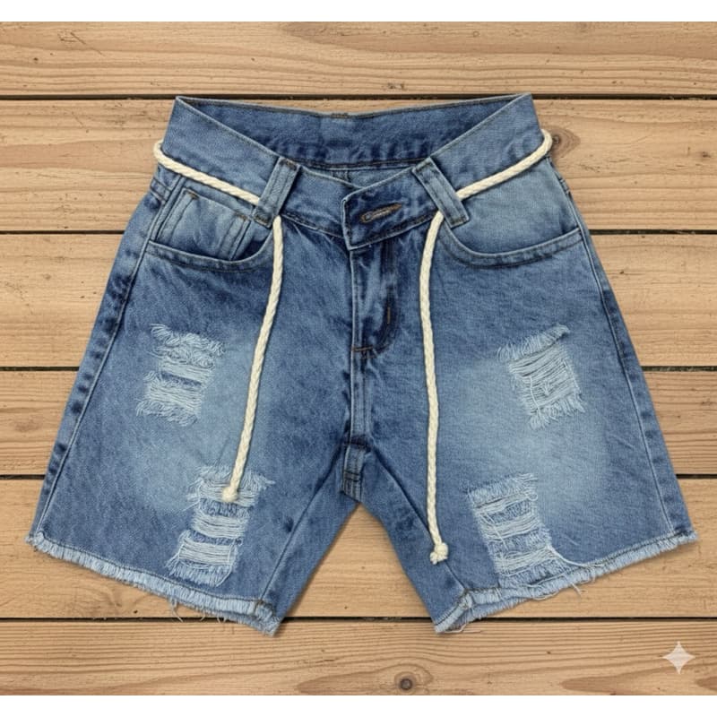 Shorts Bermuda Jeans Infantil Juvenil Rasgado com cordão Clear lavagem clara Premium