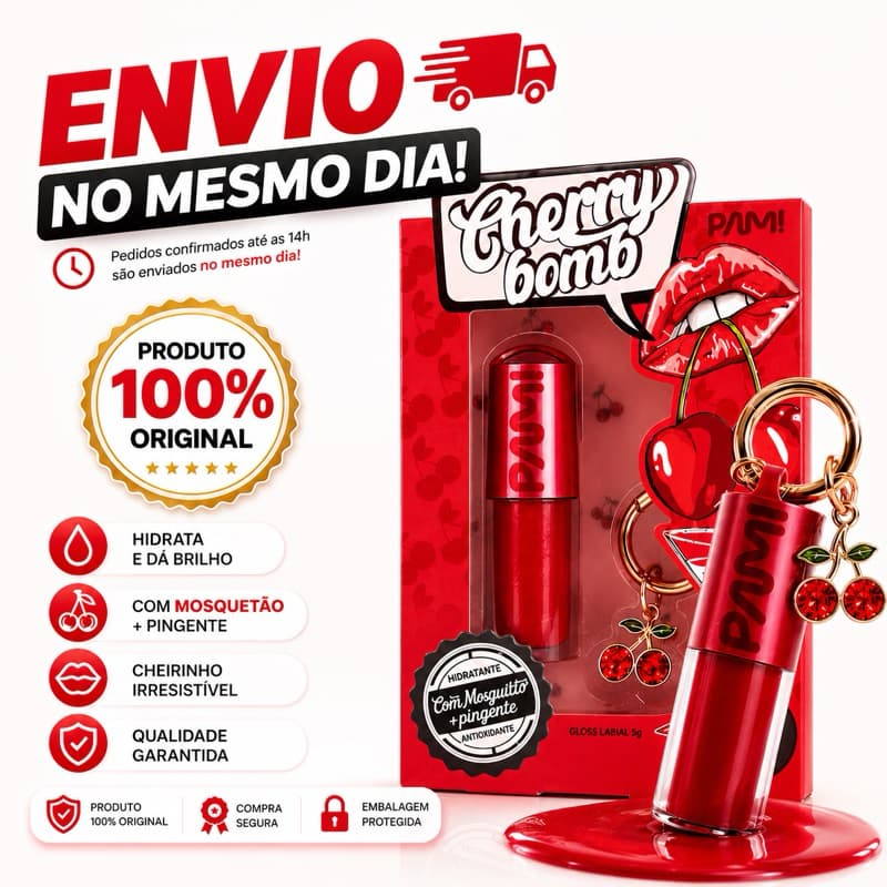 Pam By Pamella Gloss Labial Cherry Bomb 5g Entrega O Tom Na Medida Certa E Um Brilho Laqueado