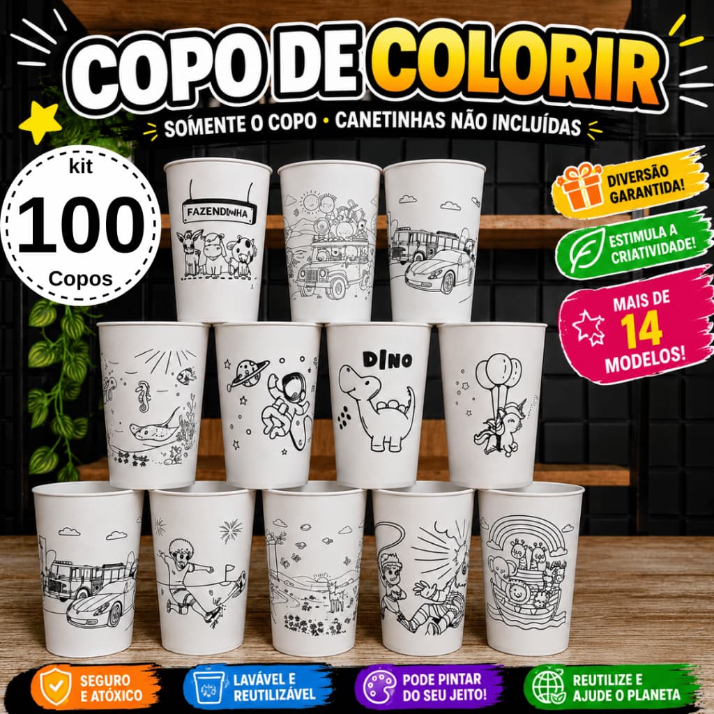 Copo Personalizado Para Lembrancinha de Aniversário Kit 100 Copos de Colorir Para Festa de Crianças