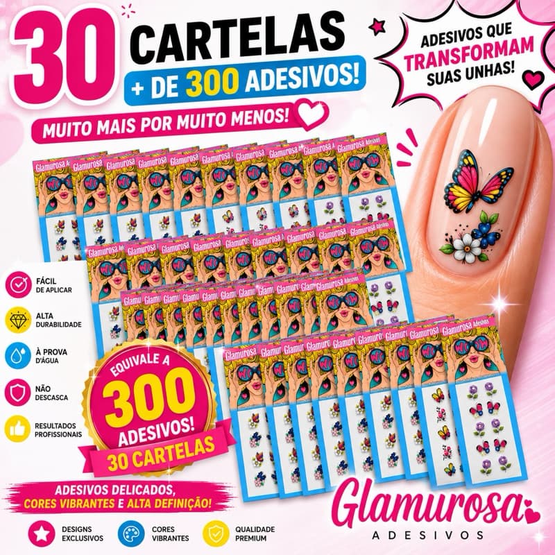 300 Adesivos de Unhas 3D  Artesanal 3D Bella Adesivos