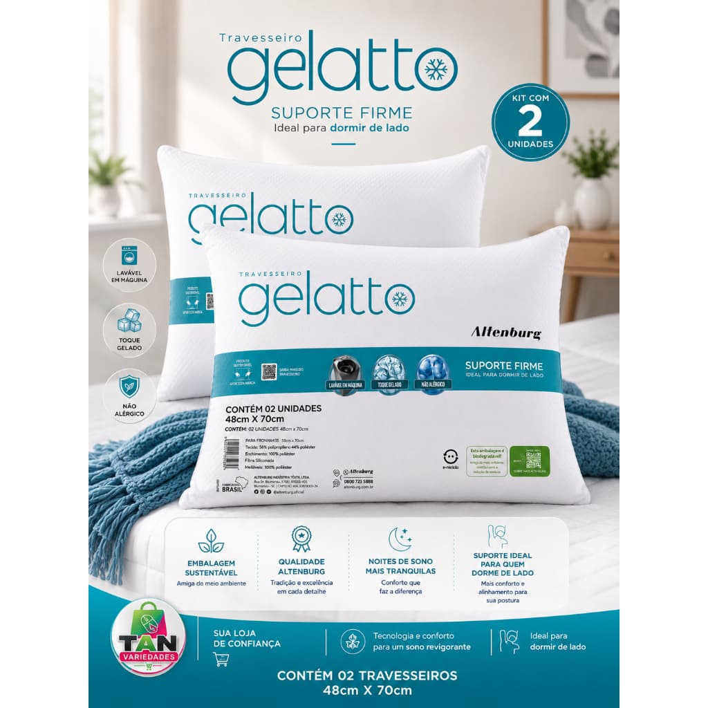 Kit 2 Travesseiros Gelatto Altenburg Antialérgico Suporte Firme Refrescante Toque Gelado Lavável