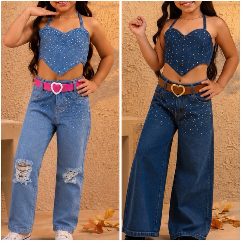 Conjunto Jeans infantil feminino pedraria