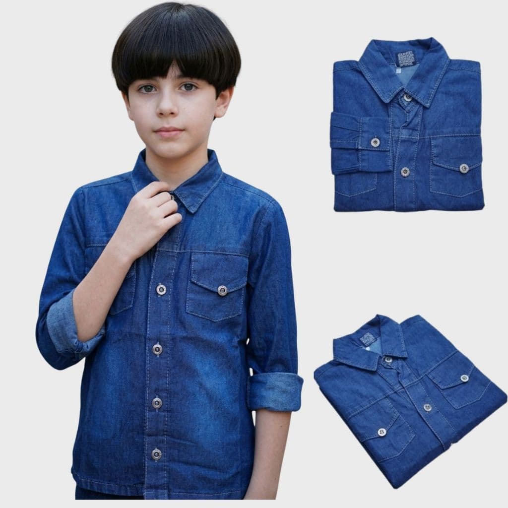 Camisa Jeans Infantil Masculina Manga Longa Social Casual Menino Juvenil