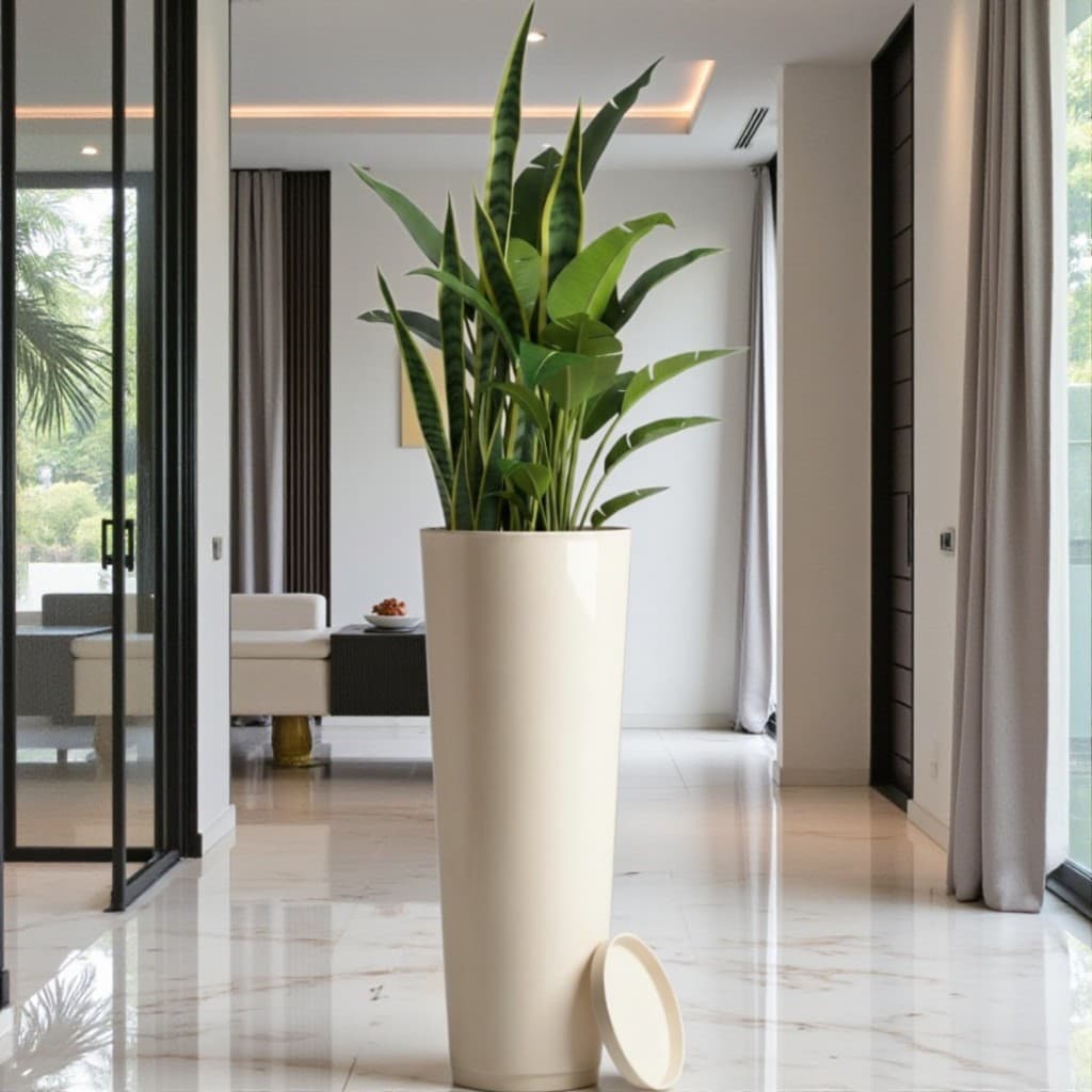 Vaso de Planta Decorativo Alta Grande 70x26 Coluna Ibiza Slim Marmorizado Liso Polido com Prato