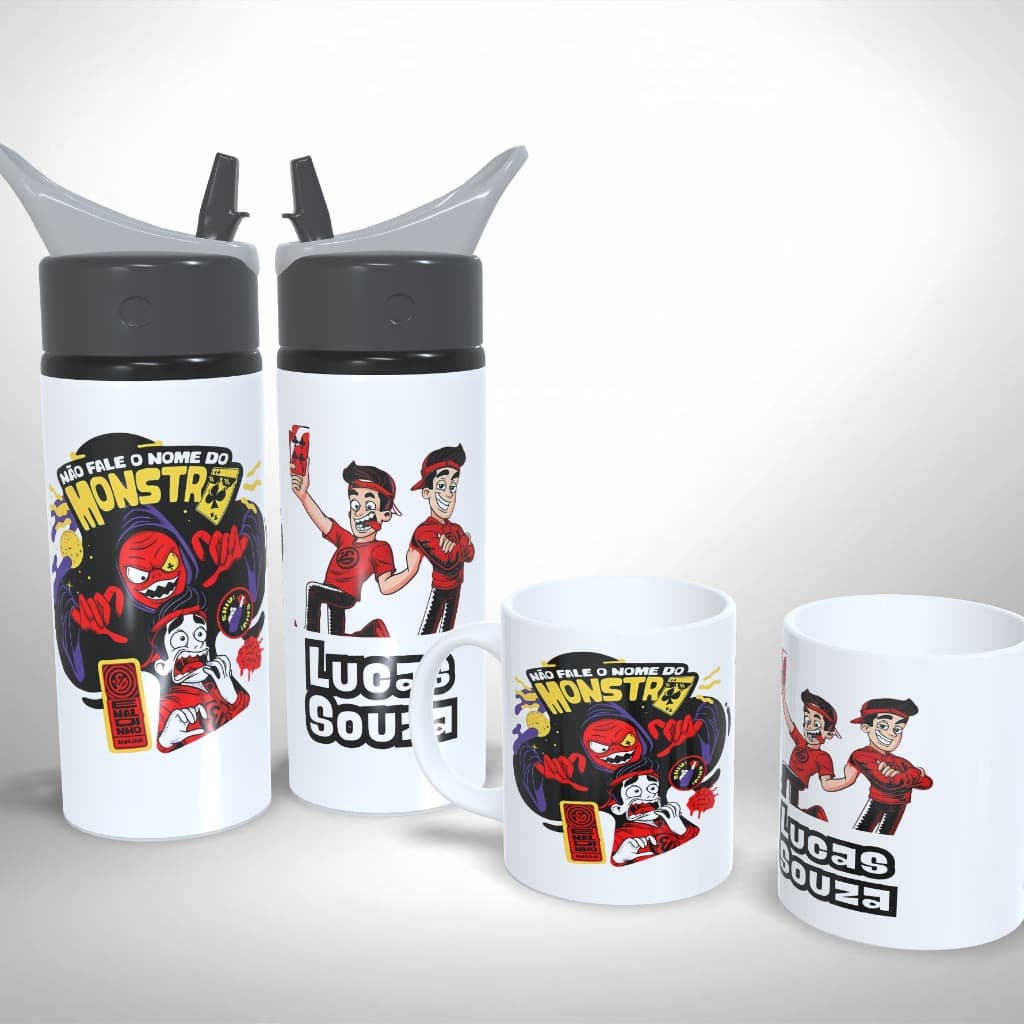 Kit Caneca + Squeeze Enaldinho Monstro Youtuber Personalizada Alumínio Cerâmica Infantil Escolar