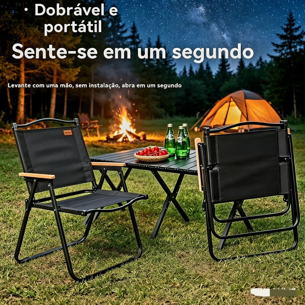 Cadeira de Praia Dobrável com Braços, Preta, Resistente e Compacta, para Uso ao Ar Livre e Lazer