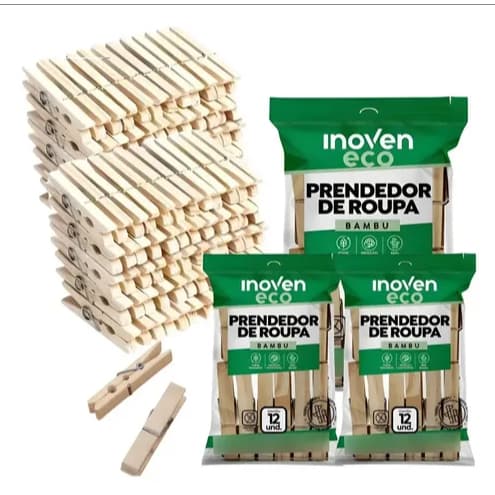 Kit 36 unidades de Prendedor de Roupa Ecológico Bambu Inoven Super Resistente