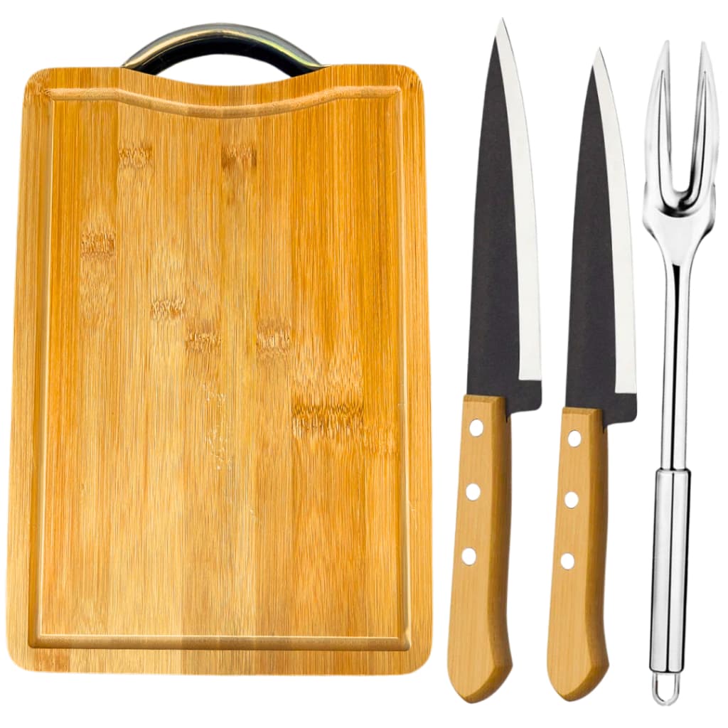 Kit Churrasco Tábua Corte Carne Madeira Faca  Peixeira 5" 6” 7” Cabo Madeira Garfo Trinchante Inox