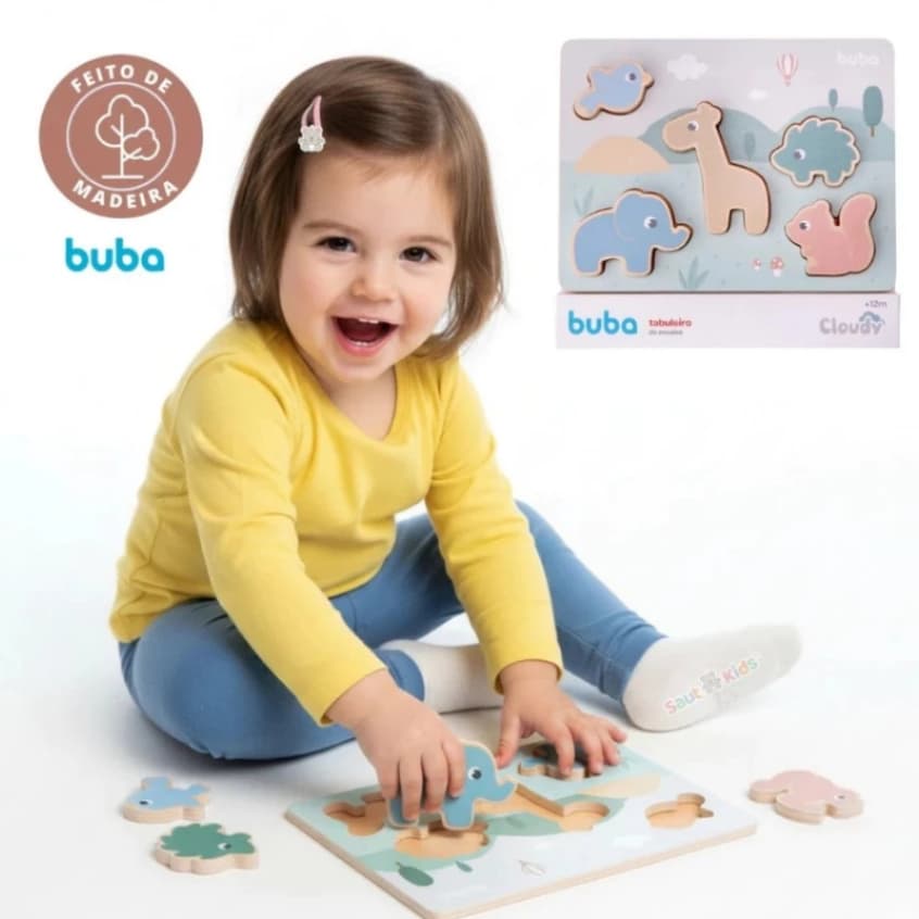Brinquedo de Encaixe Buba Madeira Animais para Bebê 12 Meses