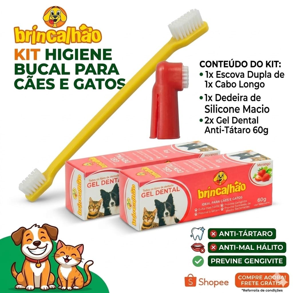 Kit 2 Pasta de Dente + 2 Escova de Dente Cães Gato Cachorro Anti Tártaro Mal Hálito