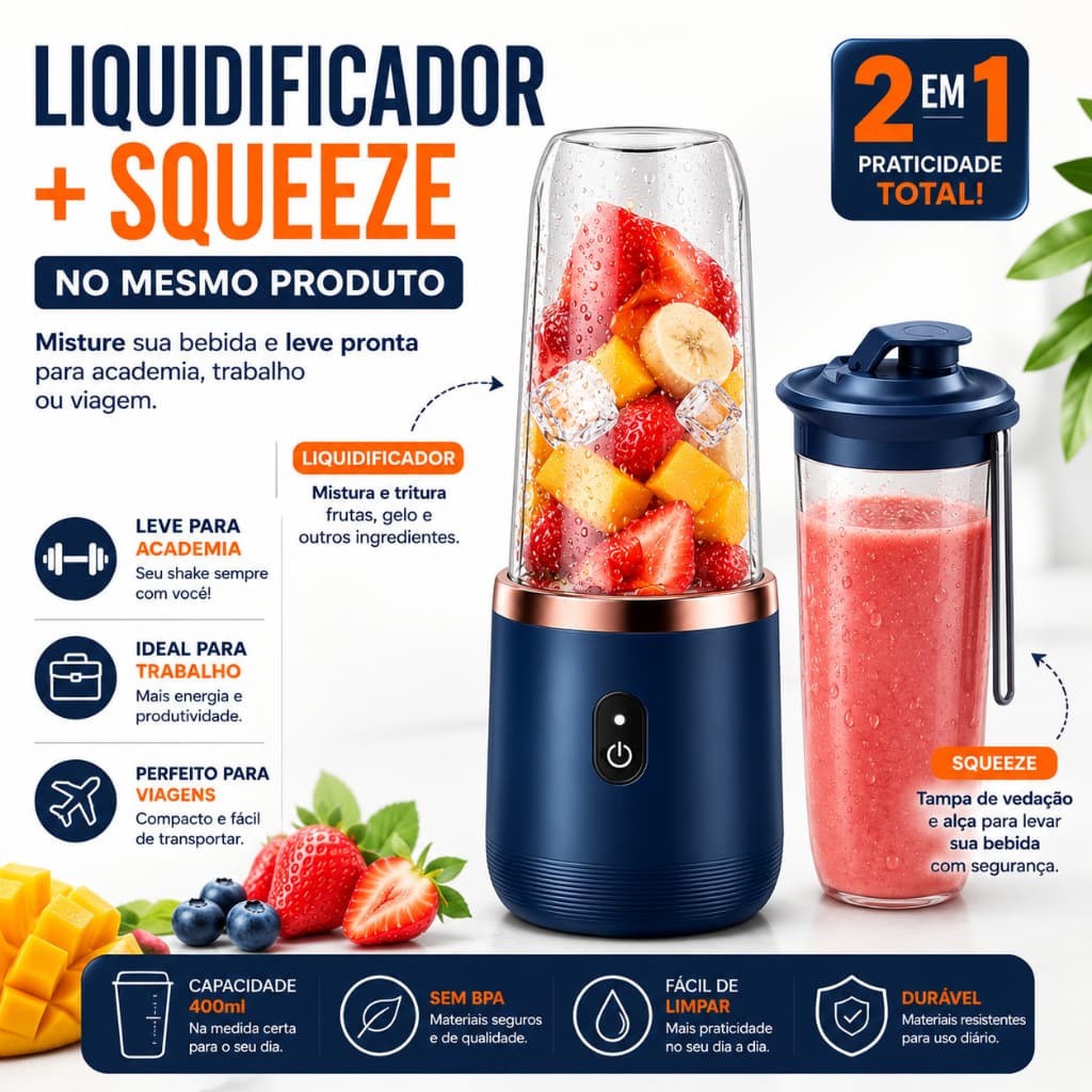 Mini Liquidificador Portátil 400ml USB Recarregável Azul Shake Suco Smoothie Academia