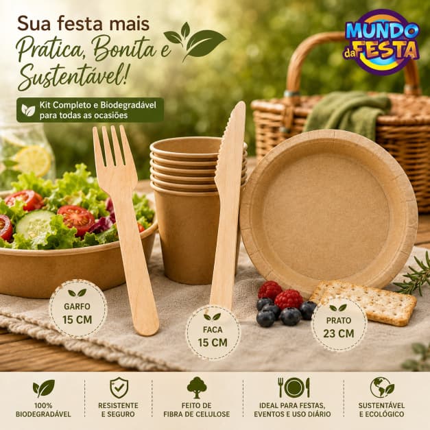 Kit Descartável Refeição Prato Papel Garfo e Faca Madeira Festas Eventos Aniversário Silver Festas