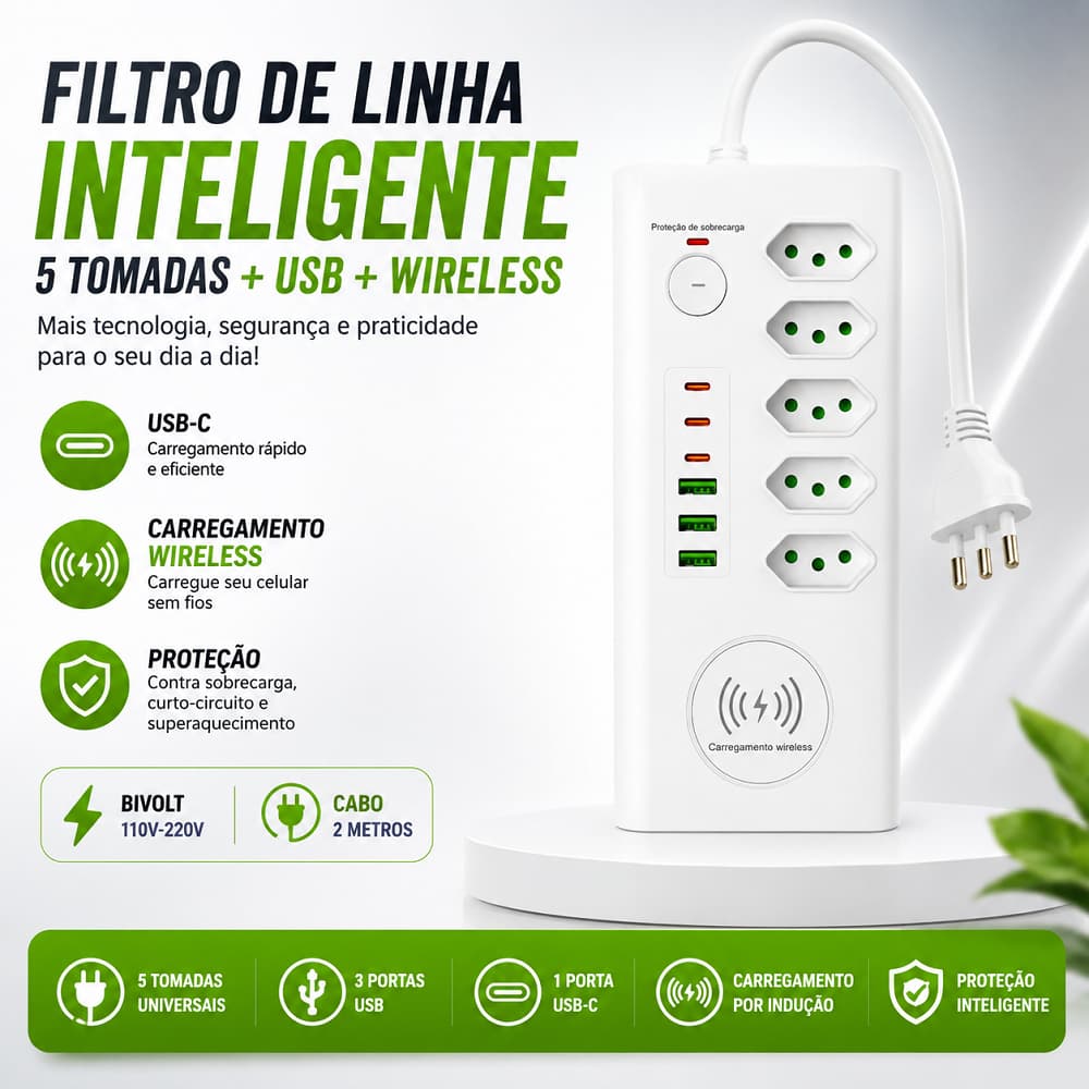 Extensão Filtro de Linha 5 Tomadas USB USB-C Carregador Wireless Indução Bivolt Proteção 2 Metros Botão On / OFF