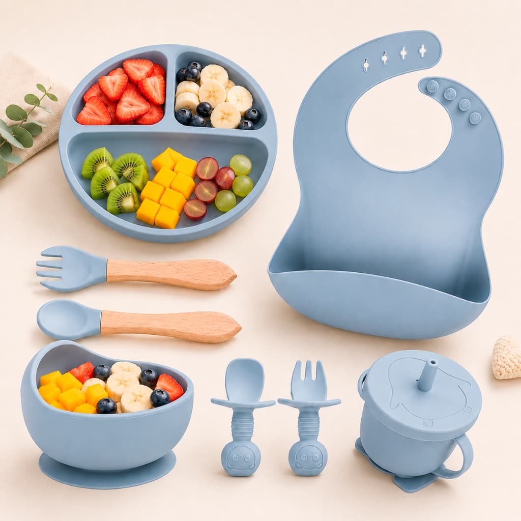 Kit Talheres bebê silicone 8 Peças Talheres Infantil Com Ventosa Canudo Colher Babador Garfo