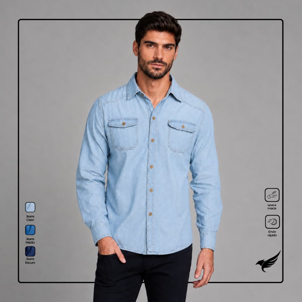 Camisa Social Jeans Masculina Slim