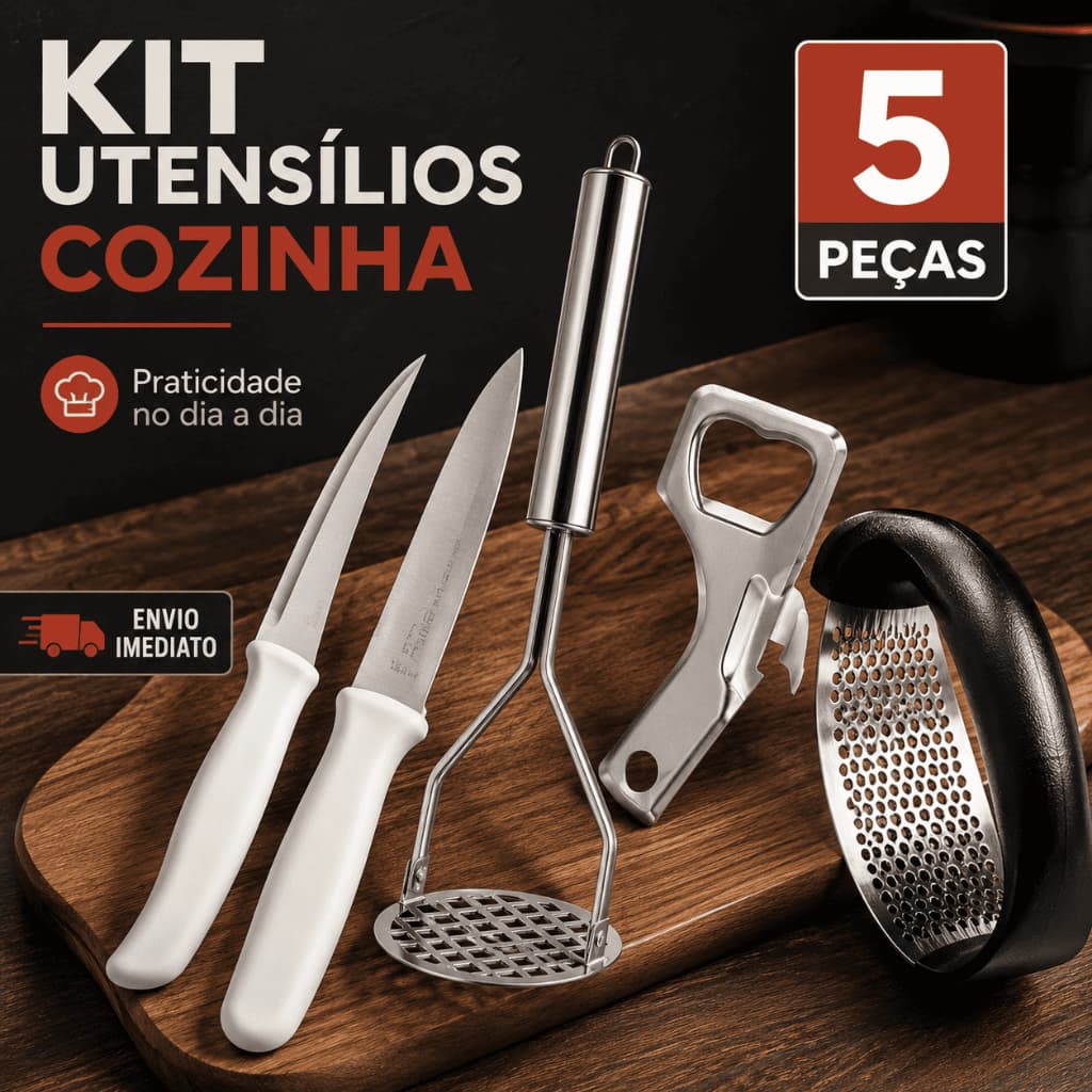 Kit Cozinha 5 Utensílios Facas Amassador Espremedor Alho Abridor Multiuso