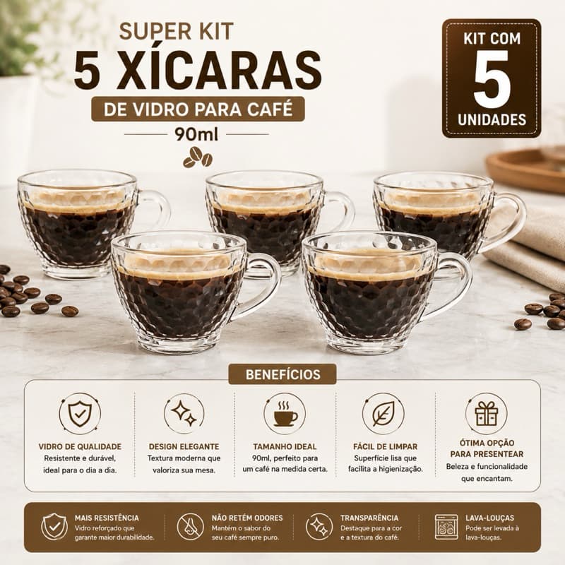 Conjunto Kit 5 Xícaras de Vidro Café Morocco Honey 90ml - Café Chá Mesa Posta Vidro Resistente