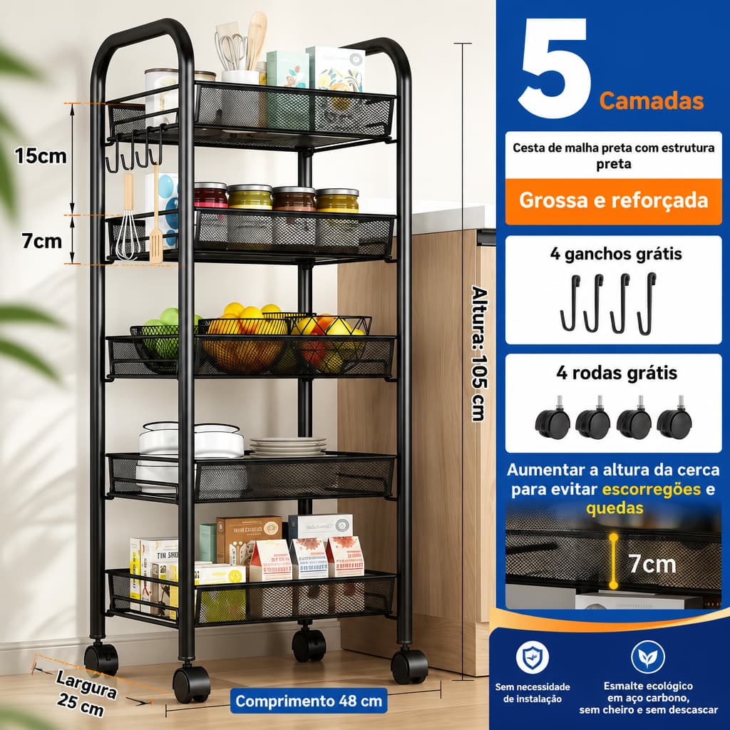 Carrinho Organizador Multifuncional 3/4/5 Camadas com Rodas - 4 Ganchos Grátis, Cesta com Drenagem, Cozinha e Banheiro