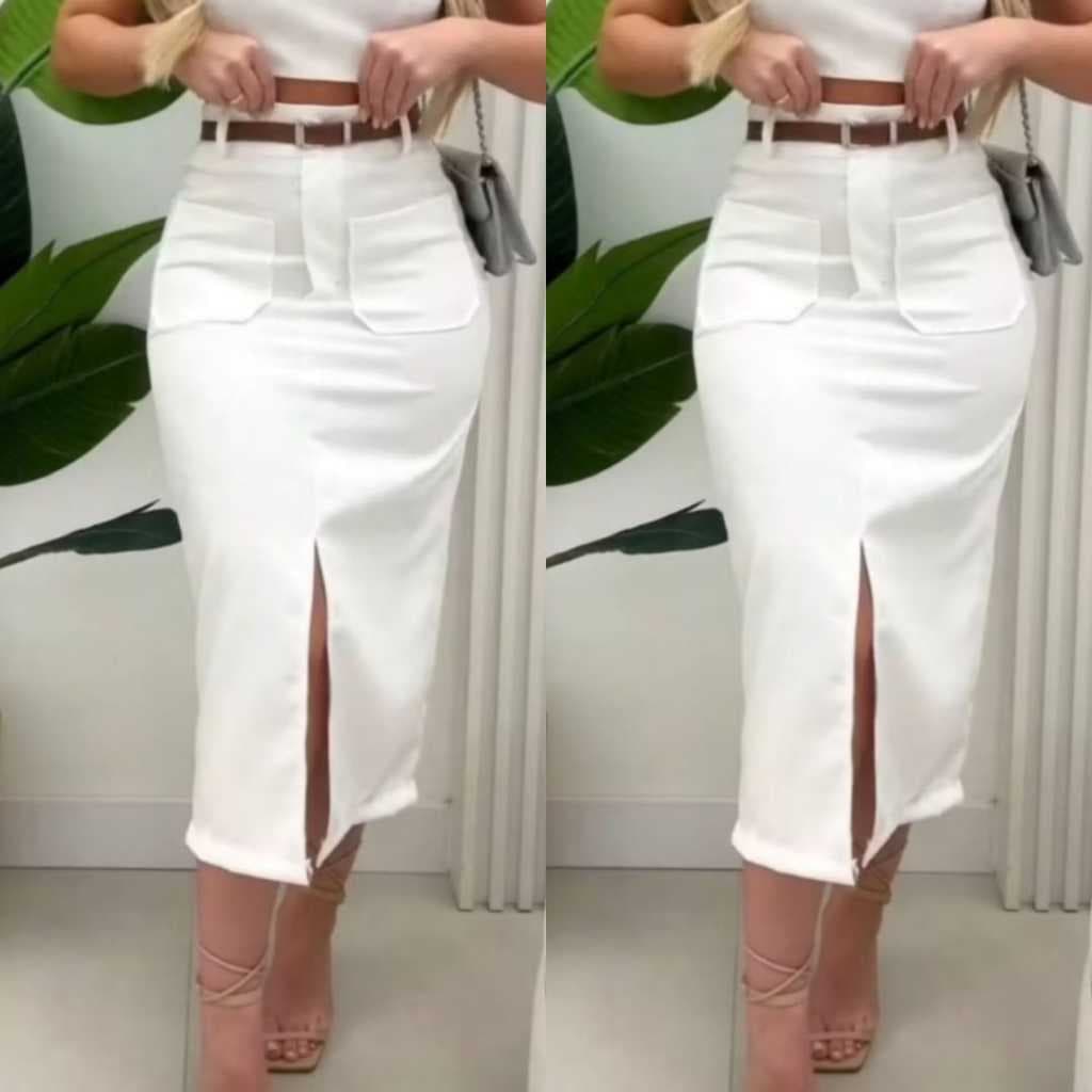 Saia Midi Evangélica Alfaiataria com Bolso Frontal e Zíper Lateral Feminina
