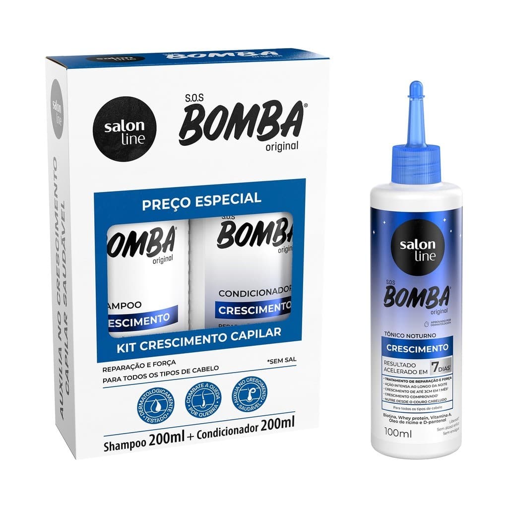 Kit shampoo e Condicionador 200ml + Tônico noturno SOS Bomba Crescimento