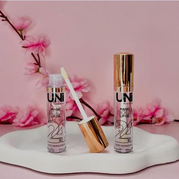 Lip Oil Magic Gold Uni Makeup 24K Gloss Hidratante com Partículas de Ouro