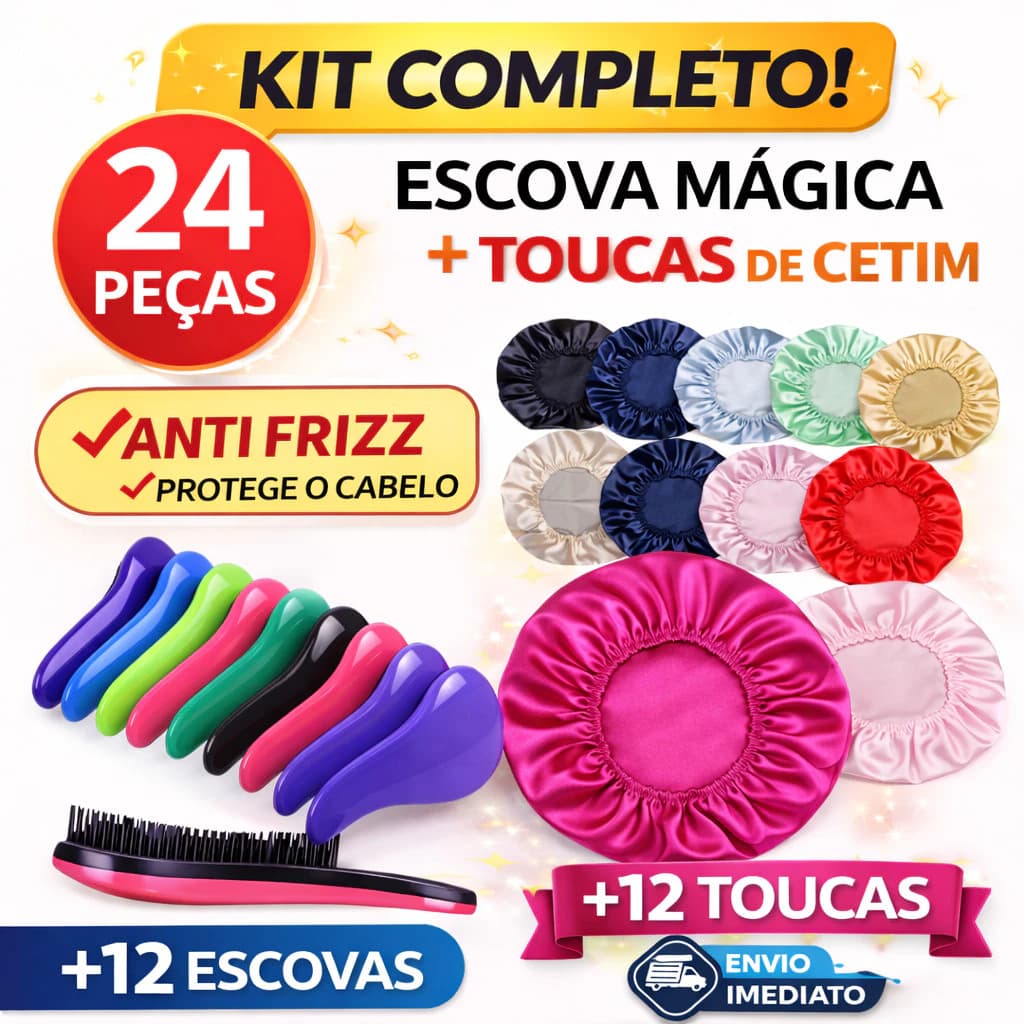 KIT COM 12 Escovas Mágica + 12 Toucas Anti Frizz, Escolha sua Cor Preferida