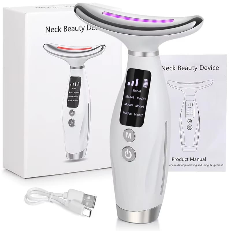 Massageador Facial Pescoço LED 7 Cores Recarregável Vibração Sônica Aquecimento Skincare Anti Rugas