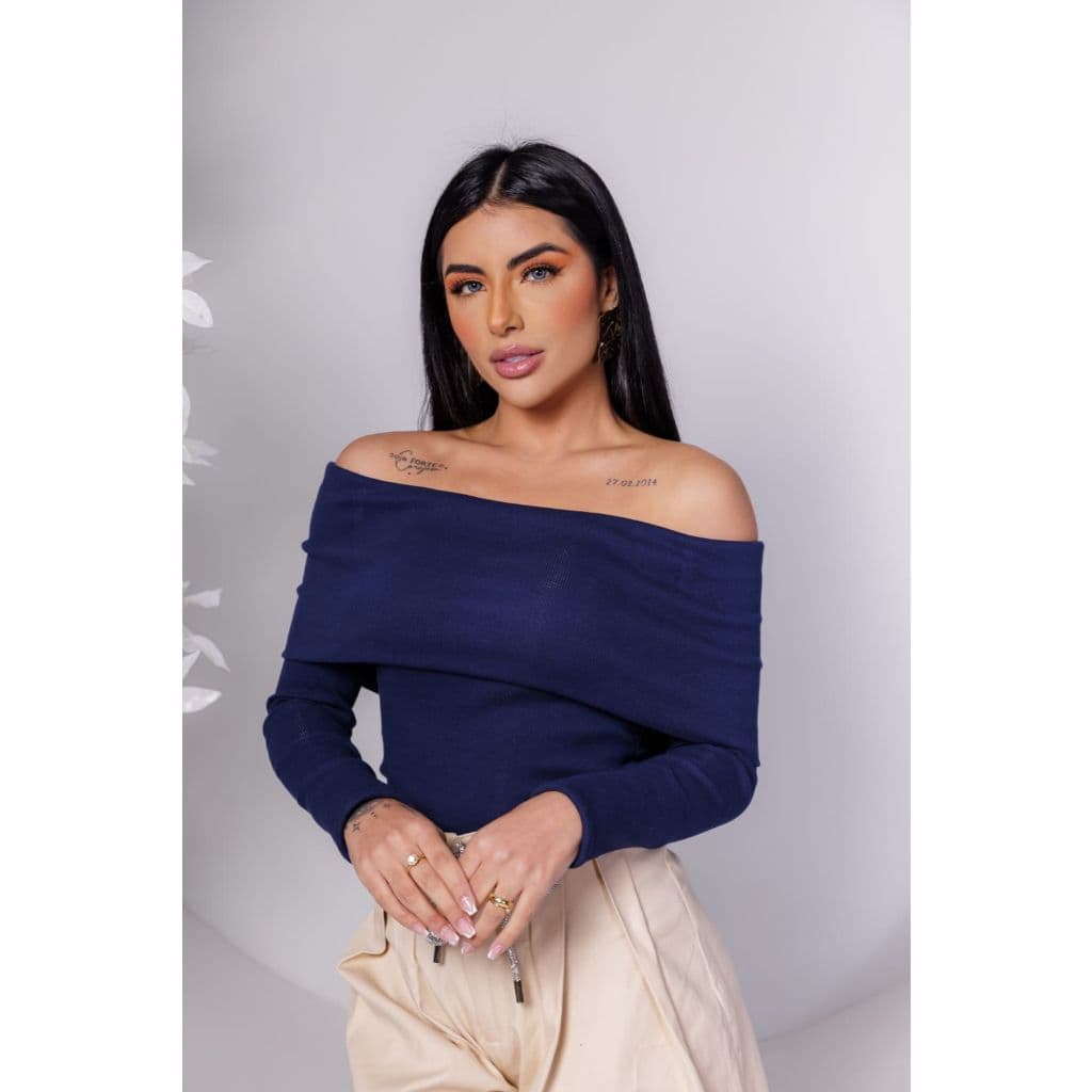 Blusa Ombro a Ombro Feminina Gola Babado Manga Longa Ribana Premium Algodão Elegante