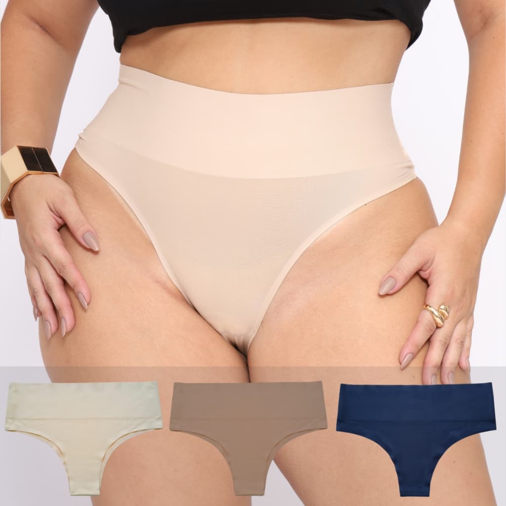 Kit 3 Calcinhas Modeladoras Sem Costura Cós Alto Corte a Laser Invisivel ALta Compressão