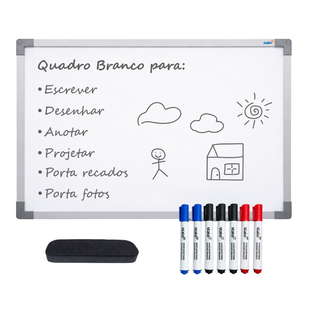 Quadro Branco 90x60 c/ 7 Canetinhas + Apagador - Lousa Para Escrita Estudantes Profissionais