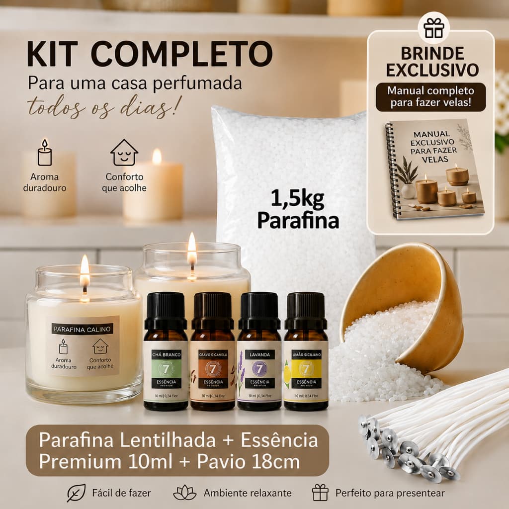 Kit Parafina Lentilhada 1,5KG + Pavio 18cm + Essência PREMIUM 10ml p/ Velas Perfumadas e Decorativas