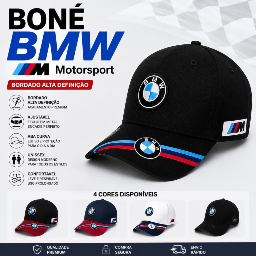 Boné BMW Motorsport Bordado Alta Definição Aba Curva Ajustável Confortável Unissex