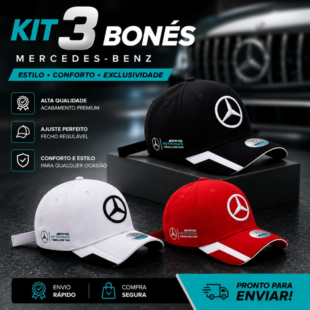 Kit 3 Bonés Mercedes Benz Bordado Premium Ajustáveis Aba Curva Unissex Estilo Automotivo Confortável