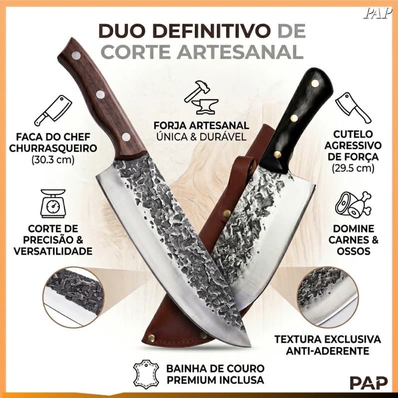 Faca multifuncional forjada para atividades ao ar livre e caça, ideal para cortar carne e desossar, com bainha