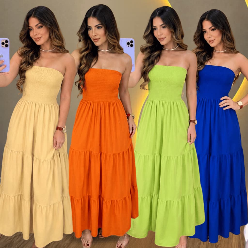 Vestido Longo Tomara que Caia Feminino com Lastex no Busto Soltinho com Babados  Confortável