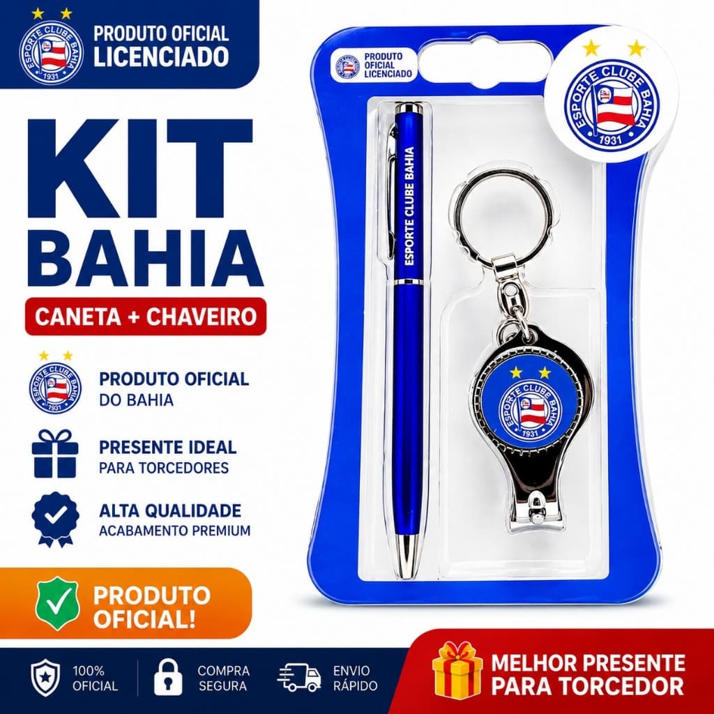Kit Bahia Caneta + Chaveiro Cortador Multiuso Oficial Original Presente Premium Torcedor Futebol