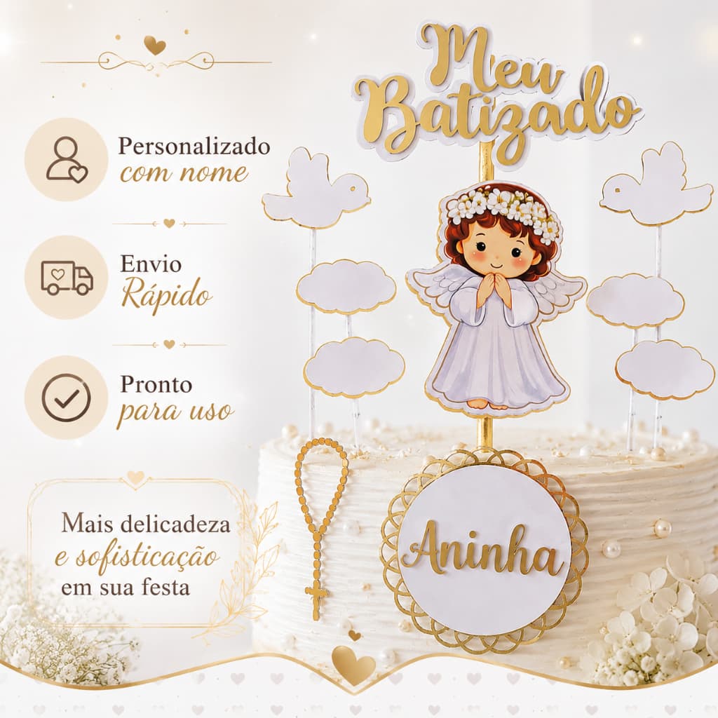 Topo/Topper de bolo luxo Batizado Menina
