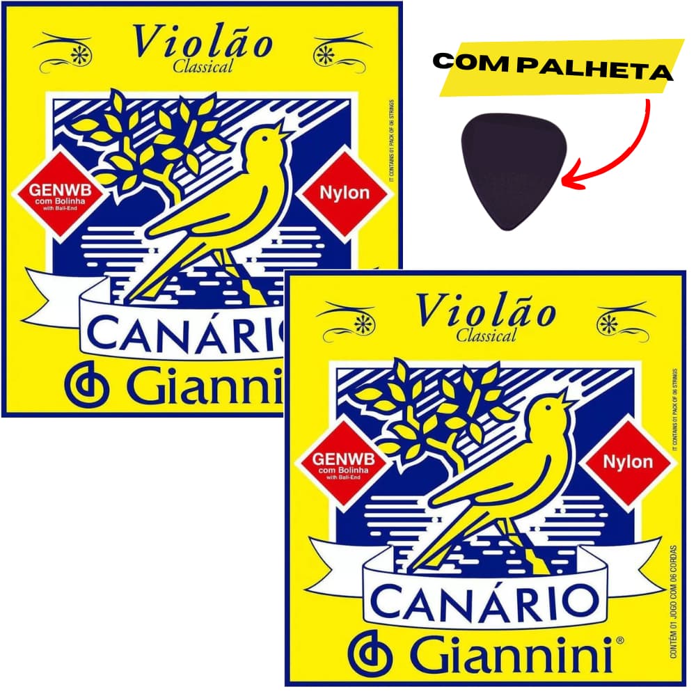 2 Jogos De Corda C/ Bolinha Nylon e Palheta   - Giannini Encordoamento Canário Genwb