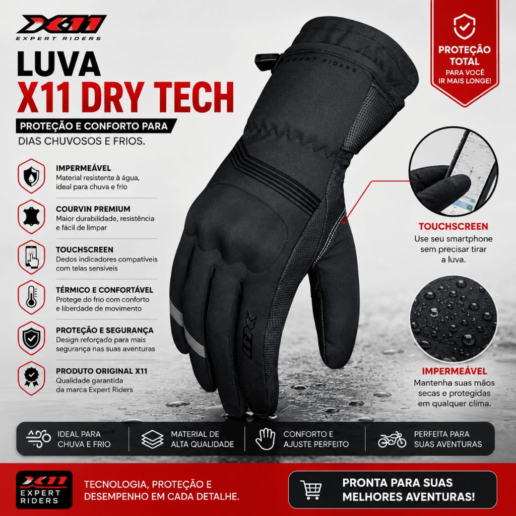 Luva Moto Impermeável Touch Screen X11 Dry Tech para Frio e Chuva Tamanhos do P ao 3G Usar Celular