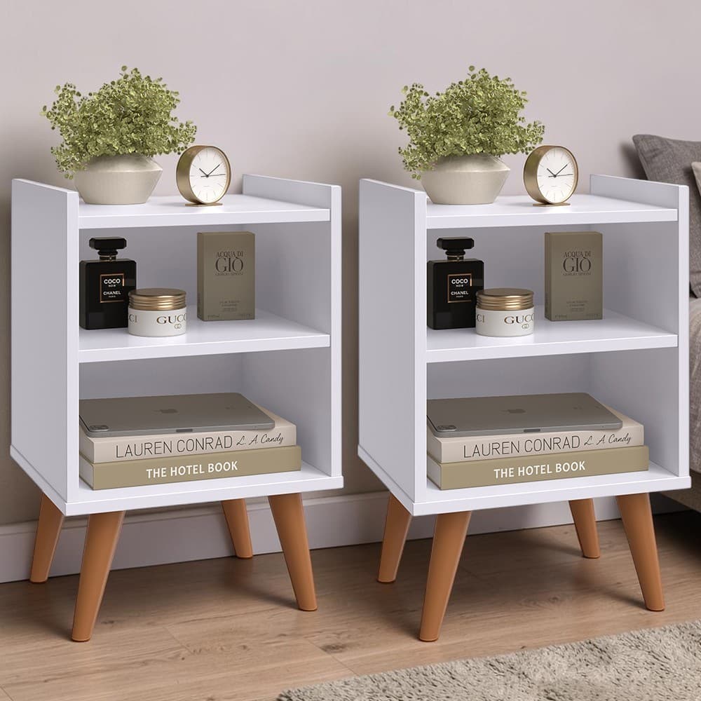 Kit Com 2 Mesas De Cabeceira Quarto Casal Decoração Estilo Retrô Mel Mesa Lateral Canto Pés Palito